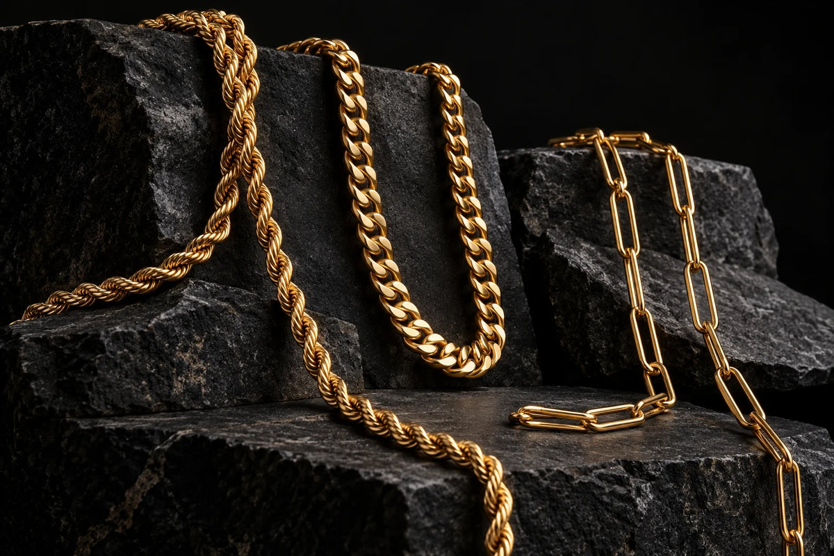 Decorative gold chain campaign image on dark stone